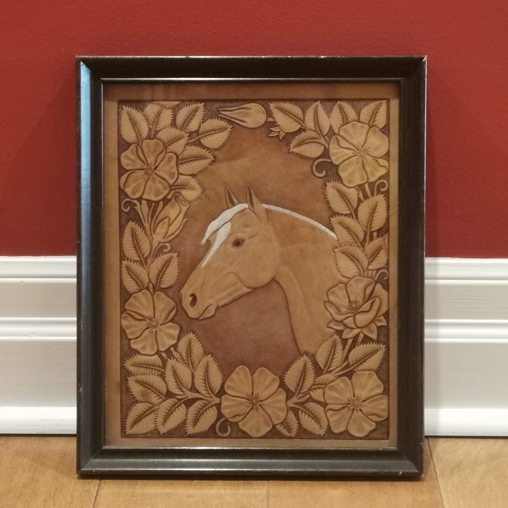 Framed Leather Horse Relief Wall Art - Tan & Brown